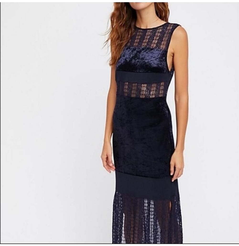 Free People Keep in Line Crushed Velvet & Lace Column Maxi Dress S
